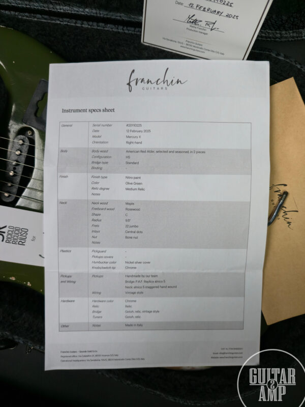 Franchin Guitars Mercury X Olive Green Medium Relic - Image 20