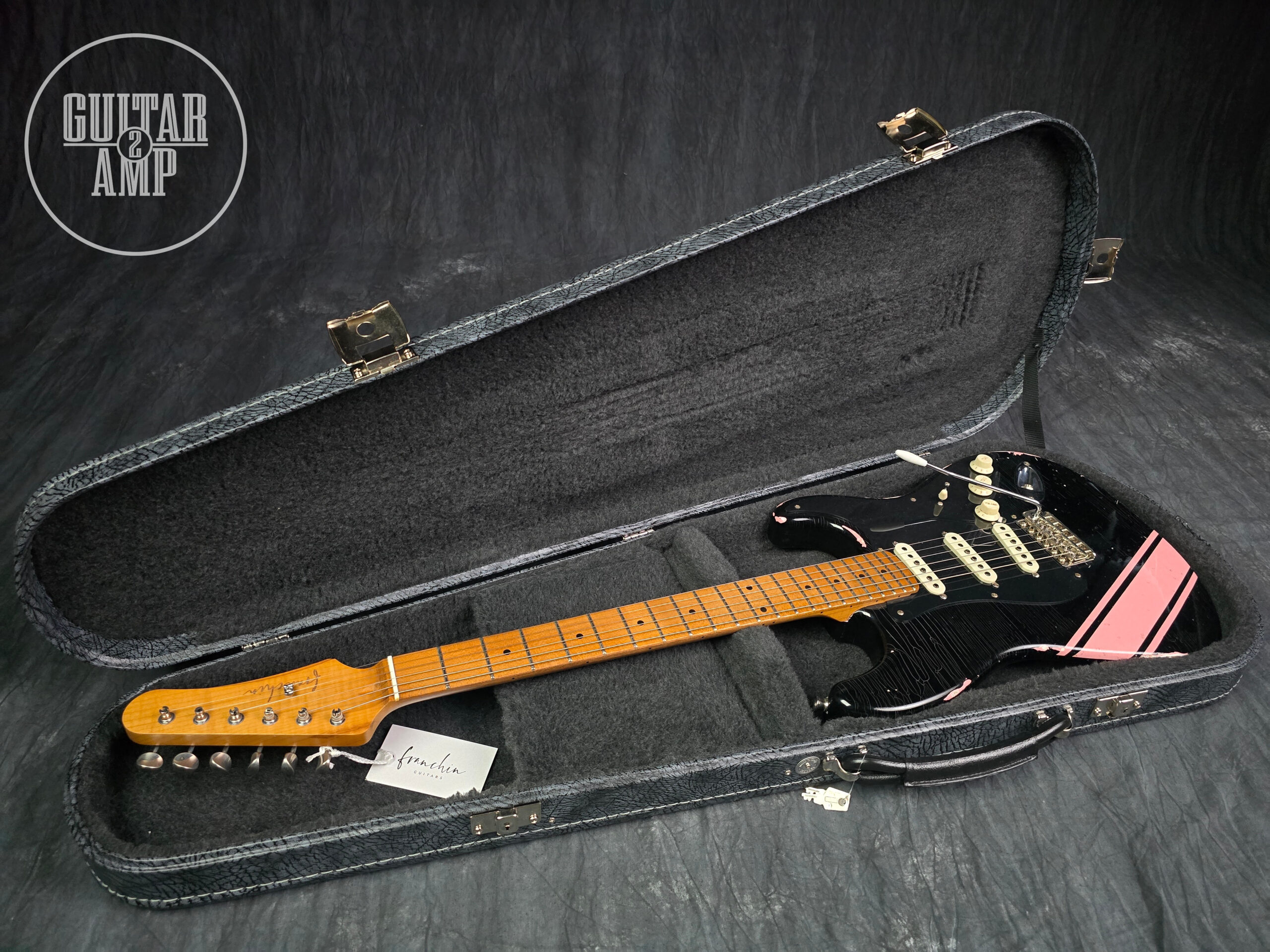 Franchin Guitars Mercury – Black with Shell Pink Racing Stripe – Light Relic - Image 17