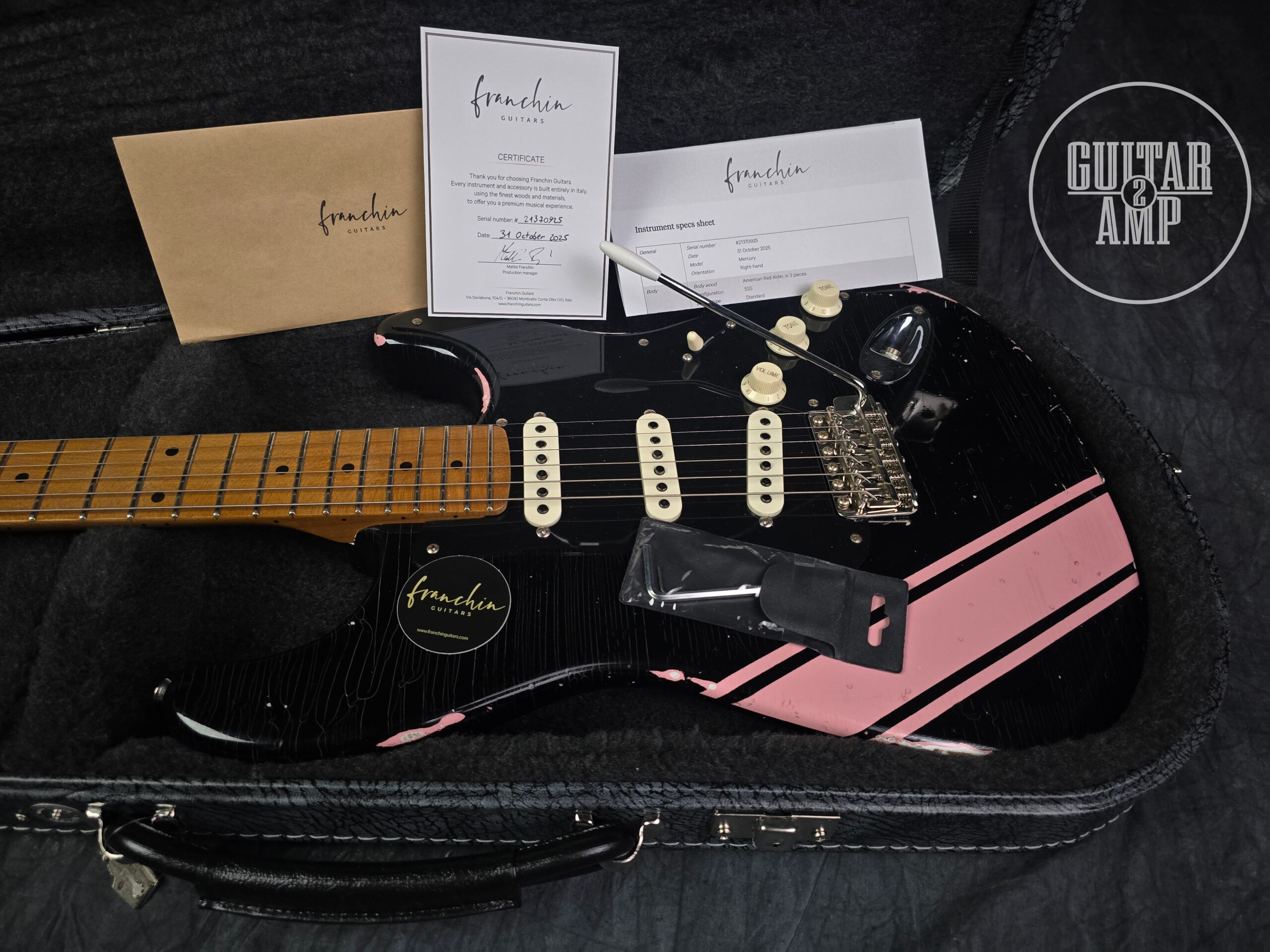 Franchin Guitars Mercury – Black with Shell Pink Racing Stripe – Light Relic - Image 19