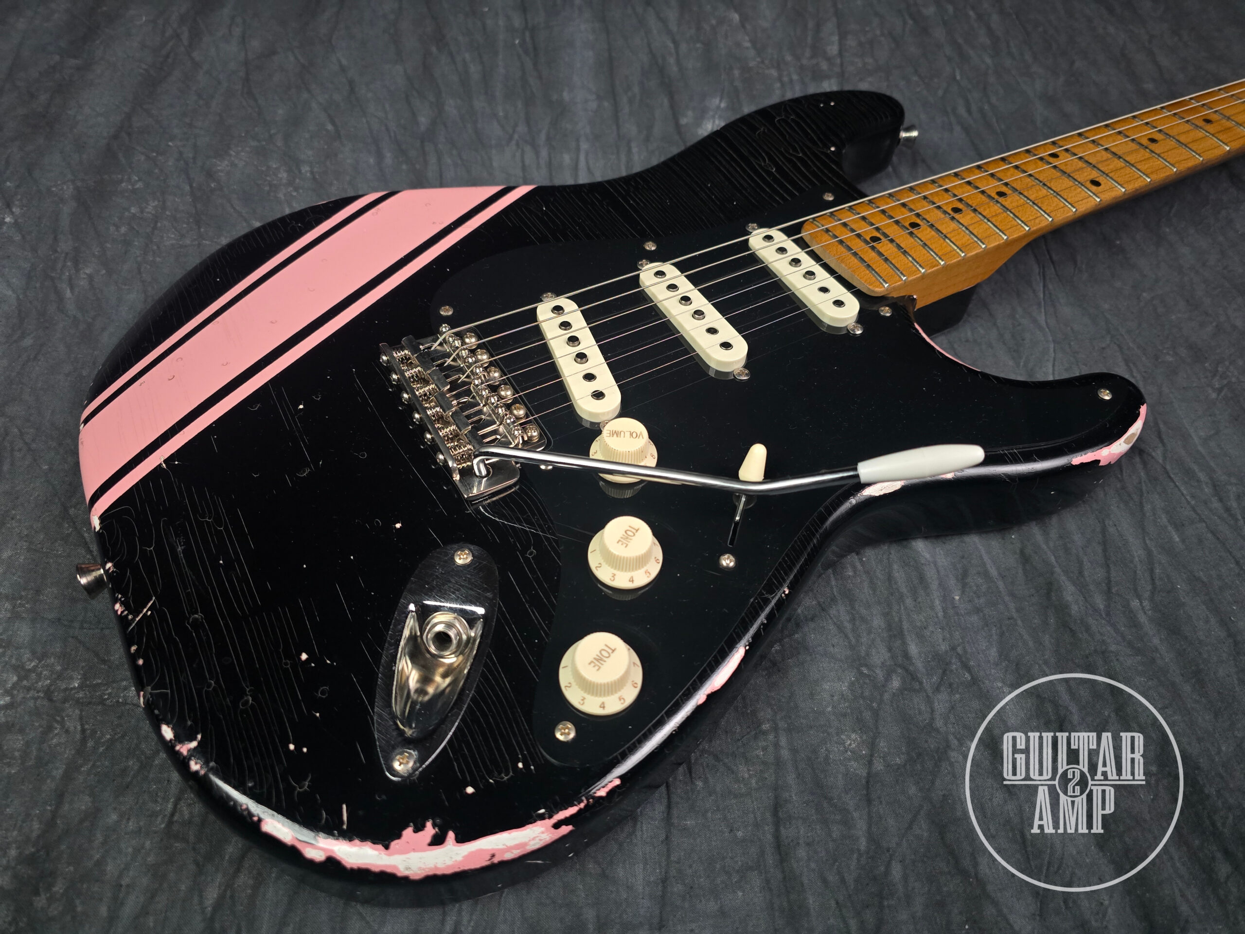 Franchin Guitars Mercury – Black with Shell Pink Racing Stripe – Light Relic - Image 5